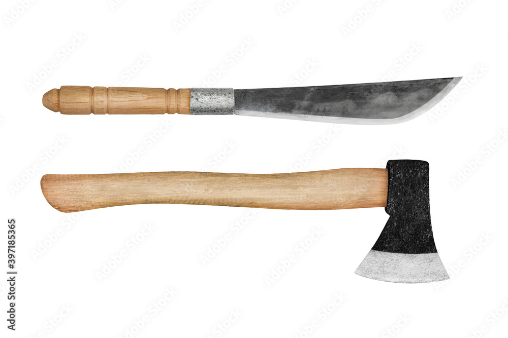 Ax and knife with wooden handle isolated on white background with clipping path included. Ax and knife with wooden handle isolated on white background with clipping path included.