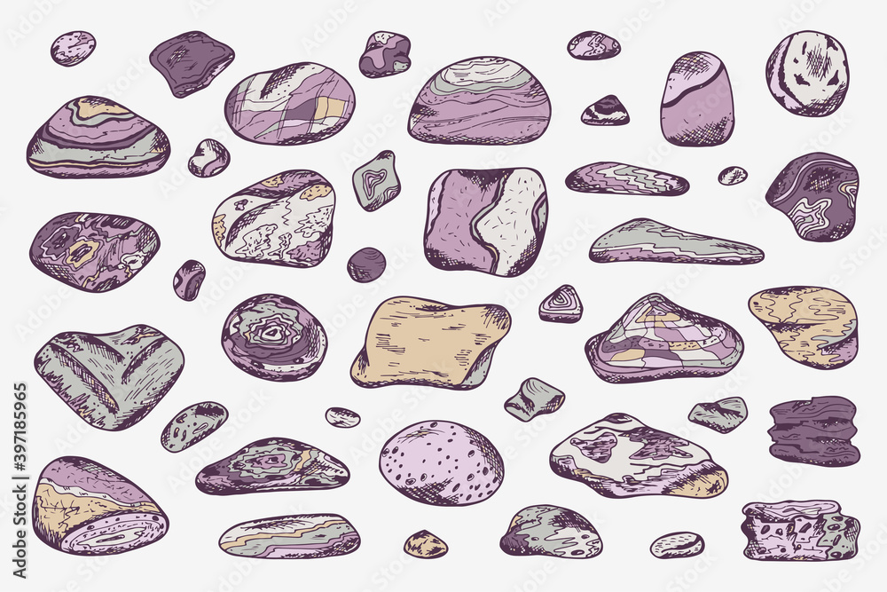 Purple Sea stones collection. Hand drawn doodle Sea Pebbles - vector illustration Purple Sea stones collection. Hand drawn doodle Sea Pebbles - vector illustration
