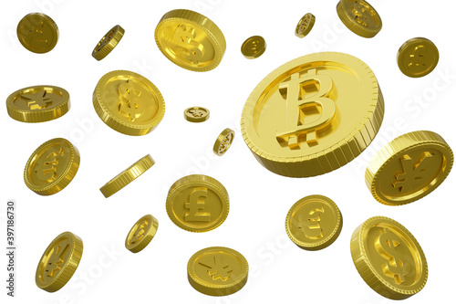 golden bitcoin with different symbol currency coin isolated on white background