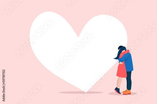 Happy Valentine day greeting card, lovely young joyful couple hug, Flat Vector illustration
