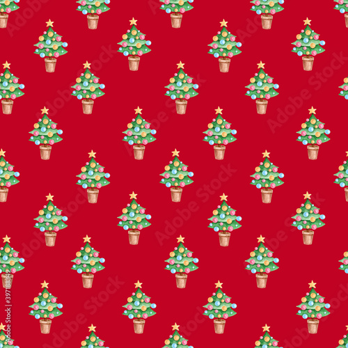 Christmas and New Year static seamless pattern on red. Hand drawn Christmas tree with multi-colored balls. Background for wrapping paper, cards, fabrics, textiles.