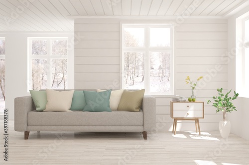 White living room with sofa and winter landscape in window. Scandinavian interior design. 3D illustration