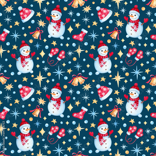 Hand drawn Christmas and New Year seamless pattern with watercolor cartoon Snowman, bells, hats, mittens, socks. Bright background for wrapping paper, fabric, textile, postcards.