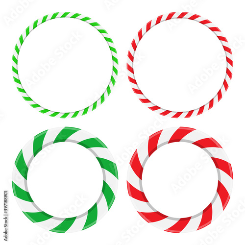 Candy cane circle frame set. Christmas round border with stripes collection. Striped vector xmas ring background with copy space. Red, green and white color design element.