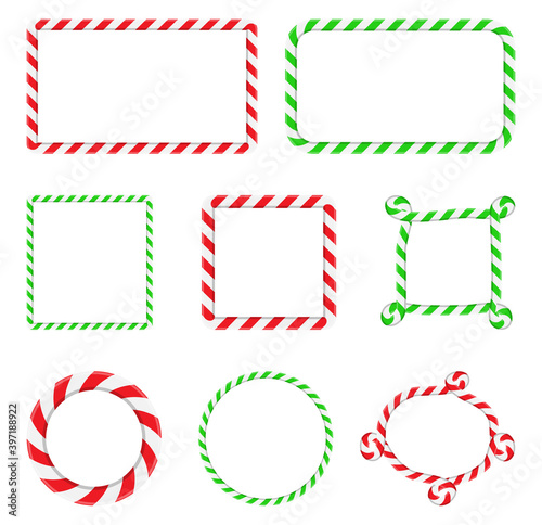 Candy cane frame collection. Christmas border with stripes set. Striped vector xmas circle ,square and rectangle shape background with copy space. Red, green and white color design element.