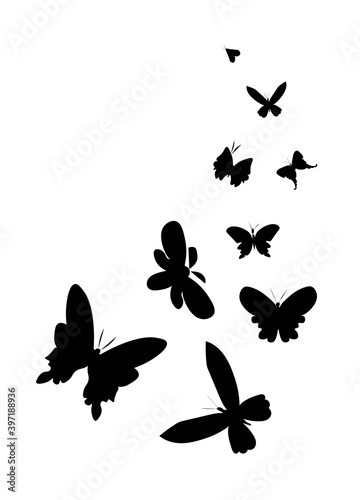 Vector composition of butterflies in motion hand drawn.Illustration of flying insects silhouettes in black doodle style.Design for cards,posters,social networks,packaging,stencils,decoration,stickers. © Мария Минина