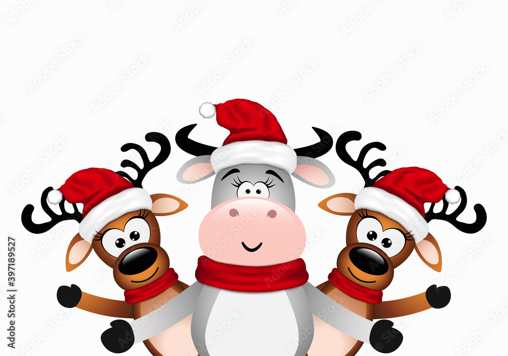 Christmas Card with happy bull and two reindeer. Christmas Card with happy bull and two reindeer.
