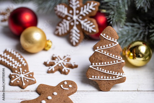 Traditional winter Christmas gingerbread with icing decoration
