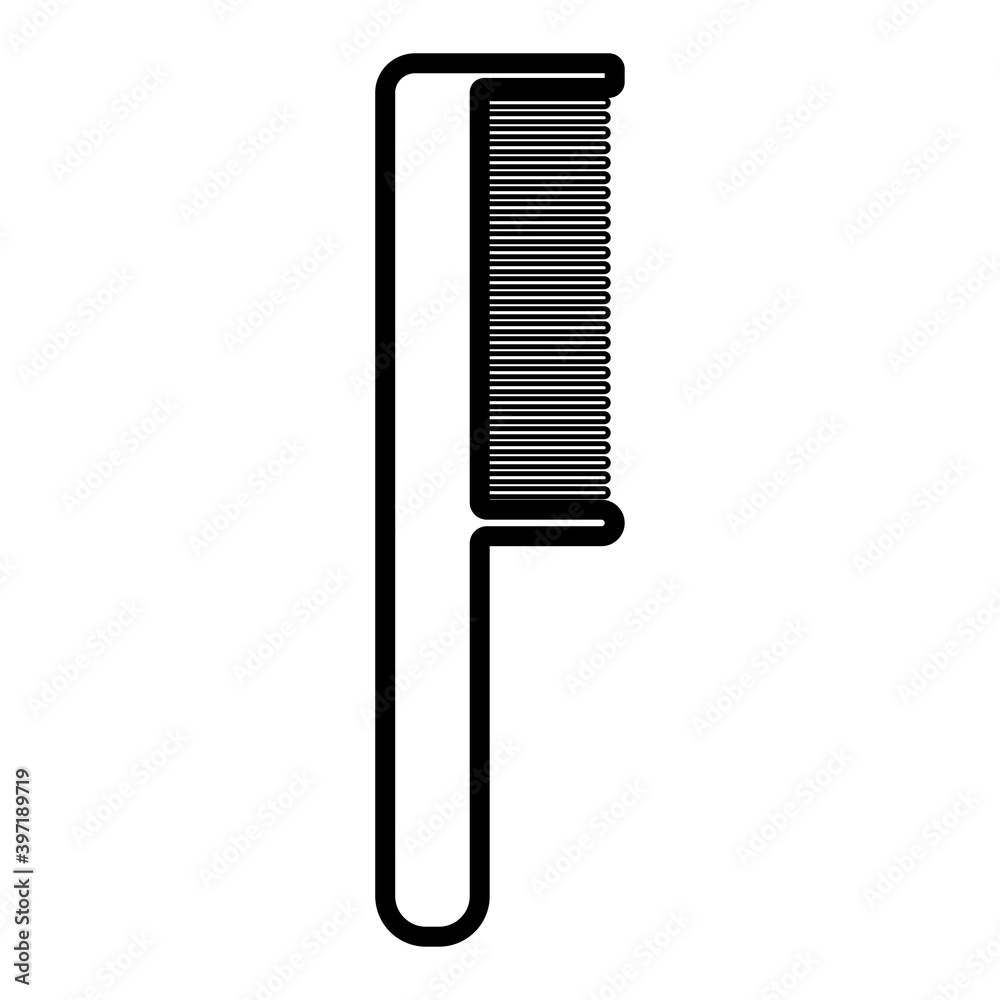 Black and white icon is a simple linear fashionable glamorous comb with a pen and teeth, a hairdresser's tool for making hair and beauty guidance. illustration