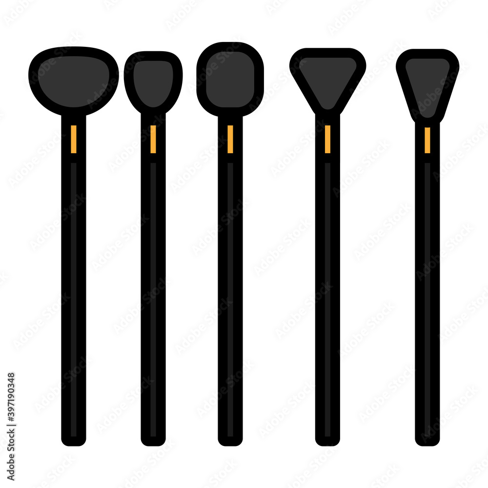 Black flat icon is a simple set of trendy glamorous cosmetic brushes of different shapes for blush powder for makeup, beauty guidance illustration