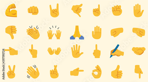 All hand emoji gesture. Hand emoticons vector illustration symbols set, collection. Hands, handshakes, muscle, finger, fist, direction, like, unlike, fingers.