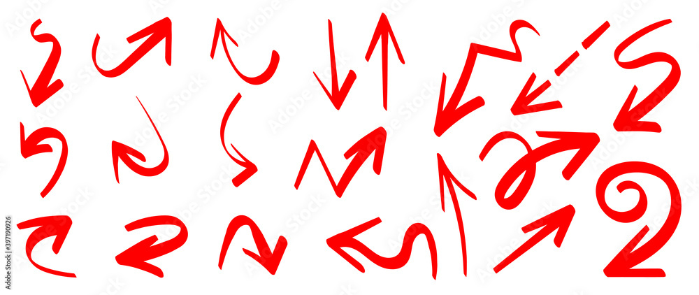 Red arrows vector. Doodle Marker hand drawn arrows and shapes vector illustration. Red arrows vector. Doodle Marker hand drawn arrows and shapes vector illustration.