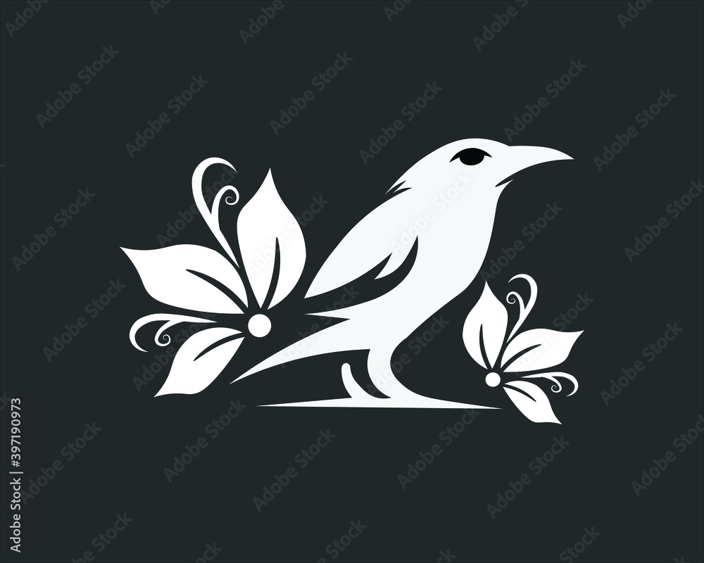 illustration of a white bird with flowers on a black background illustration of a white bird with flowers on a black background