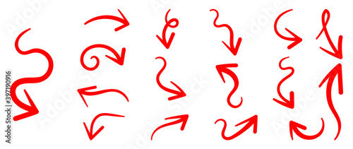 Red arrows vector. Doodle Marker hand drawn arrows and shapes vector illustration.