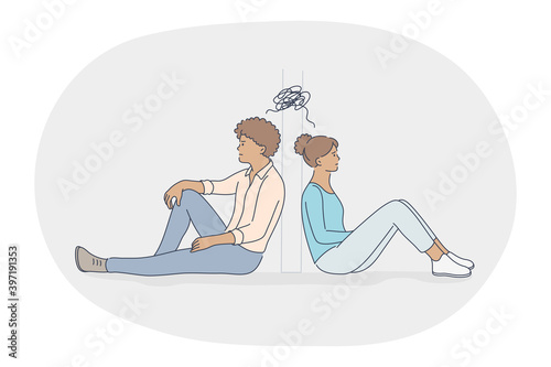 Misunderstanding, quarrelling, fighting concept. Young unhappy couple sitting in different rooms and thinking about problems with mutual understanding feeling lonely illustration