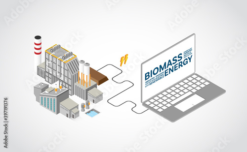 biomass energy, biomass power plant with isometric graphic