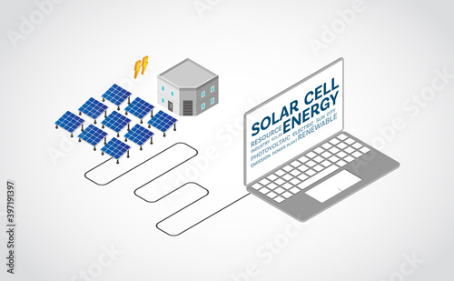 solar cell energy, solar cell power plant in isometric graphic