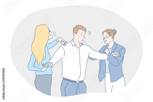 Conflict, misunderstanding, problems in communication concept. Young man standing between angry arguing fighting women and trying to calm them down. Problems with mutual understanding and quarrelling