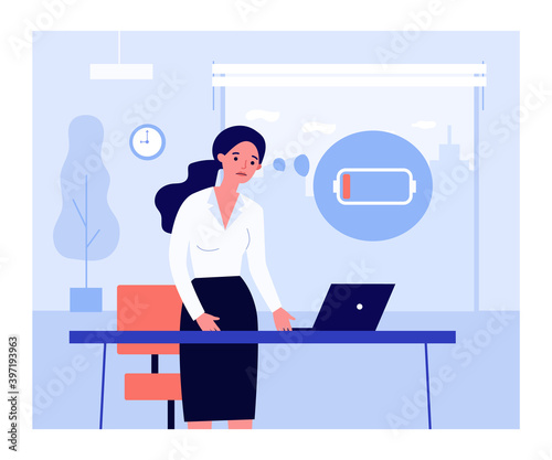 Sad office worker and laptop with low battery. Unhappy woman with low energy level flat vector illustration. Burnout, fatigue, technical problem concept for banner, website design or landing web page