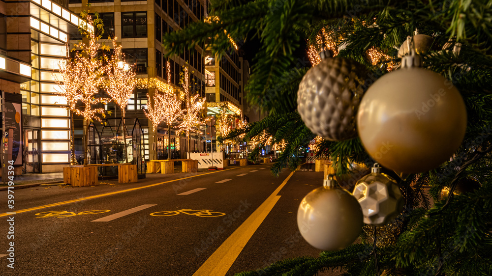 Berlin's famous Friedrichstrasse, decorated for Christmas - because of the Covid-19 pandemic, there are no people on the street