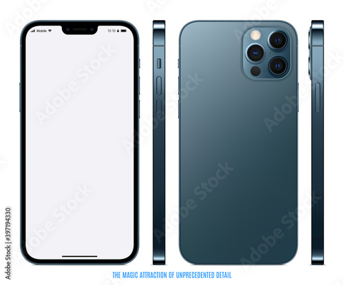 smartphone frameless blue color with blank screen saver front, back and side view isolated on white background. mockup of realistic and detailed new mobile phone. stock vector illustration