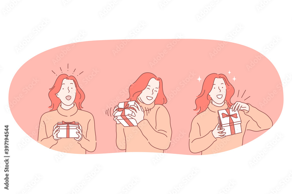 Birthday or Christmas present, surprise, holiday party concept. Happy young woman getting and unpacking birthday gift in box with festive ribbon. Surprise, anniversary, gift, happiness Birthday or Christmas present, surprise, holiday party concept. Happy young woman getting and unpacking birthday gift in box with festive ribbon. Surprise, anniversary, gift, happiness