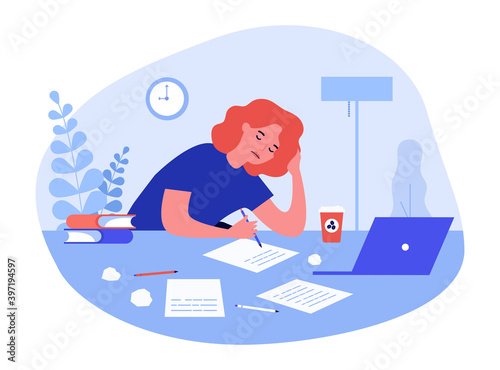 Tired student girl studying at night. Writer, handwritten text, papers, computer, coffee flat vector illustration. Deadline, time management concept for banner, website design or landing web page