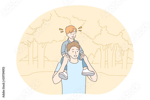Fathers day, Father and child, activities with children concept. Young positive man father riding his little son on shoulders during walk in park in summer vector illustration 