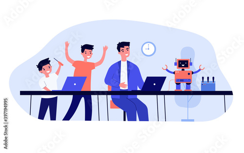 Two happy boys and their dad creating robot. Using tools, programming, cheerful humanoid flat vector illustration. Robotics, childhood concept for banner, website design or landing web page