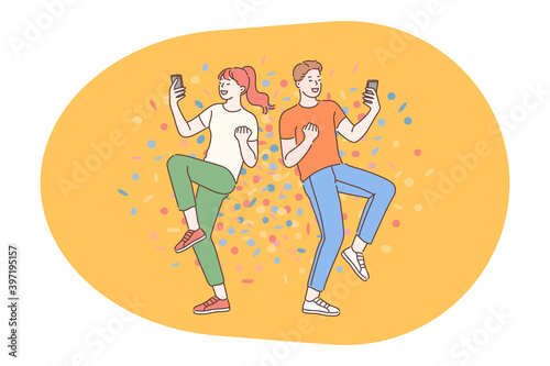 Smartphone, online communication, chatting concept. Young teen couple cartoon characters looking on smartphones, listening to music online and dancing together vector illustration 