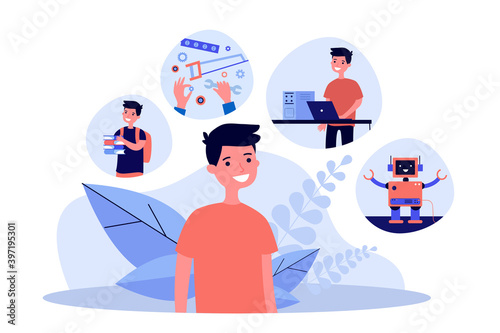 Boy planning steps of robot creation. Studying, using tools, programming, cheerful humanoid flat vector illustration. Robotics, childhood concept for banner, website design or landing web page
