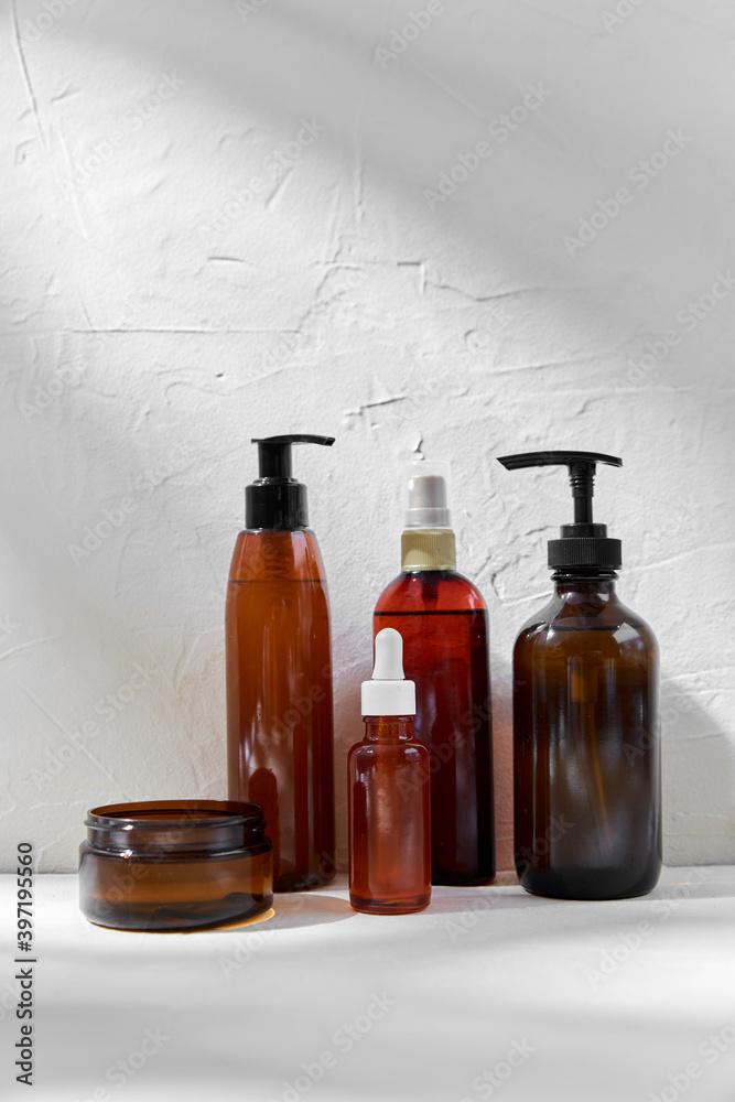 beauty, sustainability and eco living concept - natural cosmetics and bodycare eco products on white background beauty, sustainability and eco living concept - natural cosmetics and bodycare eco products on white background