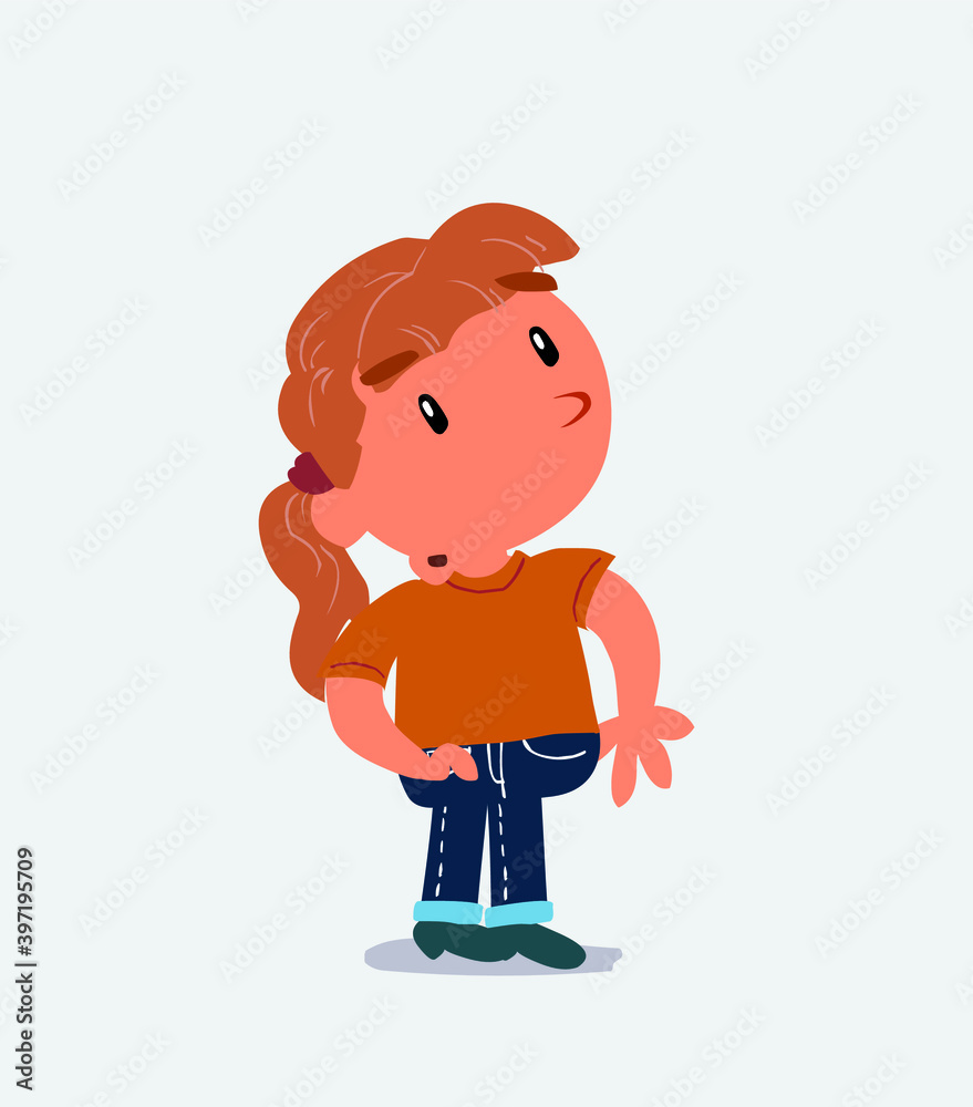 cartoon character of little girl on jeans looks with doubt and somewhat surprised cartoon character of little girl on jeans looks with doubt and somewhat surprised