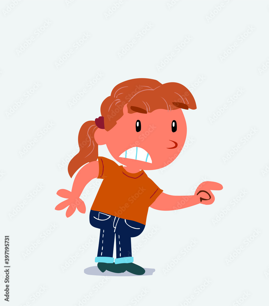 cartoon character of little girl on jeans pointing something aggressively cartoon character of little girl on jeans pointing something aggressively