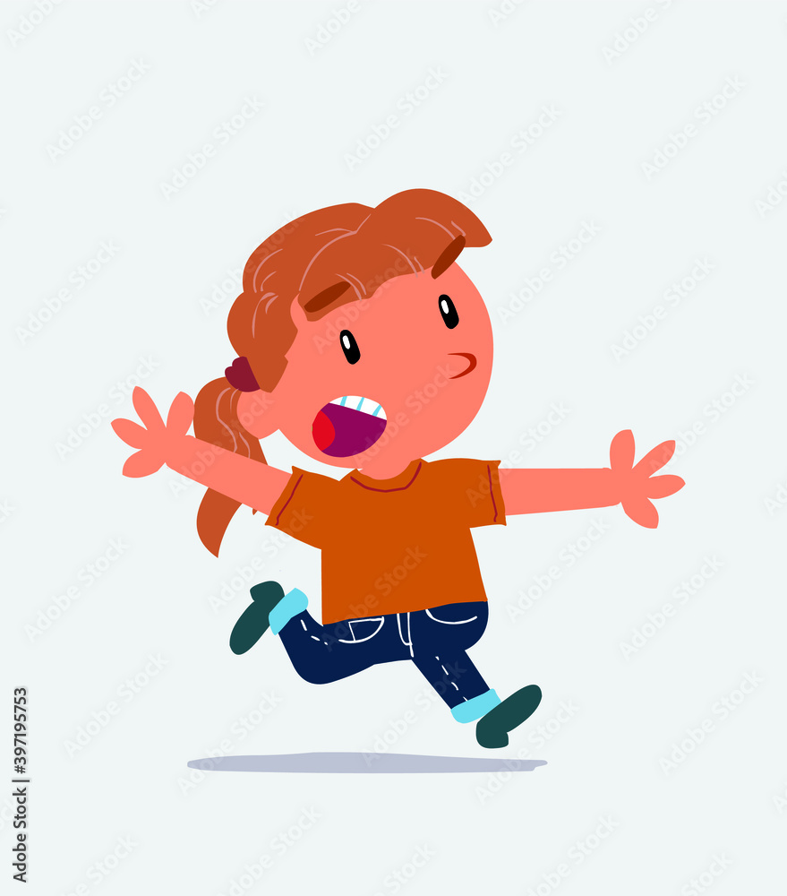 cartoon character of little girl on jeans running angry.
