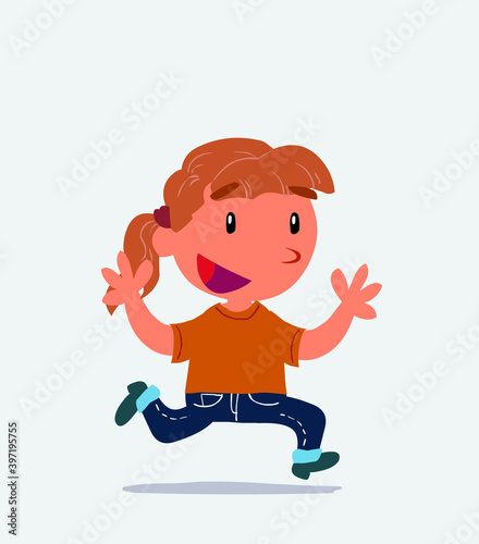 cartoon character of little girl on jeans running happily.