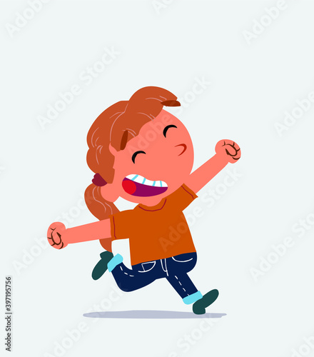 cartoon character of little girl on jeans running very euphoric