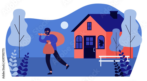 Burglar in balaclava carrying bags from house. Thief, gangster, broken window flat vector illustration. Crime or burglary concept for banner, website design or landing web page
