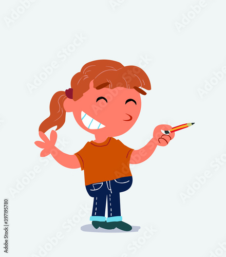 cartoon character of little girl on jeans says something funny while pointing to the side with a pencil.