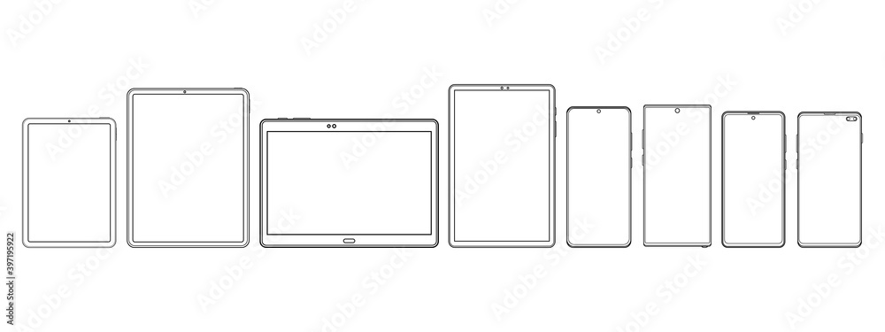 Modern Tablet Computers and Smartphones Wireframe Outline Icons Isolated on White Background. Vector Illustration