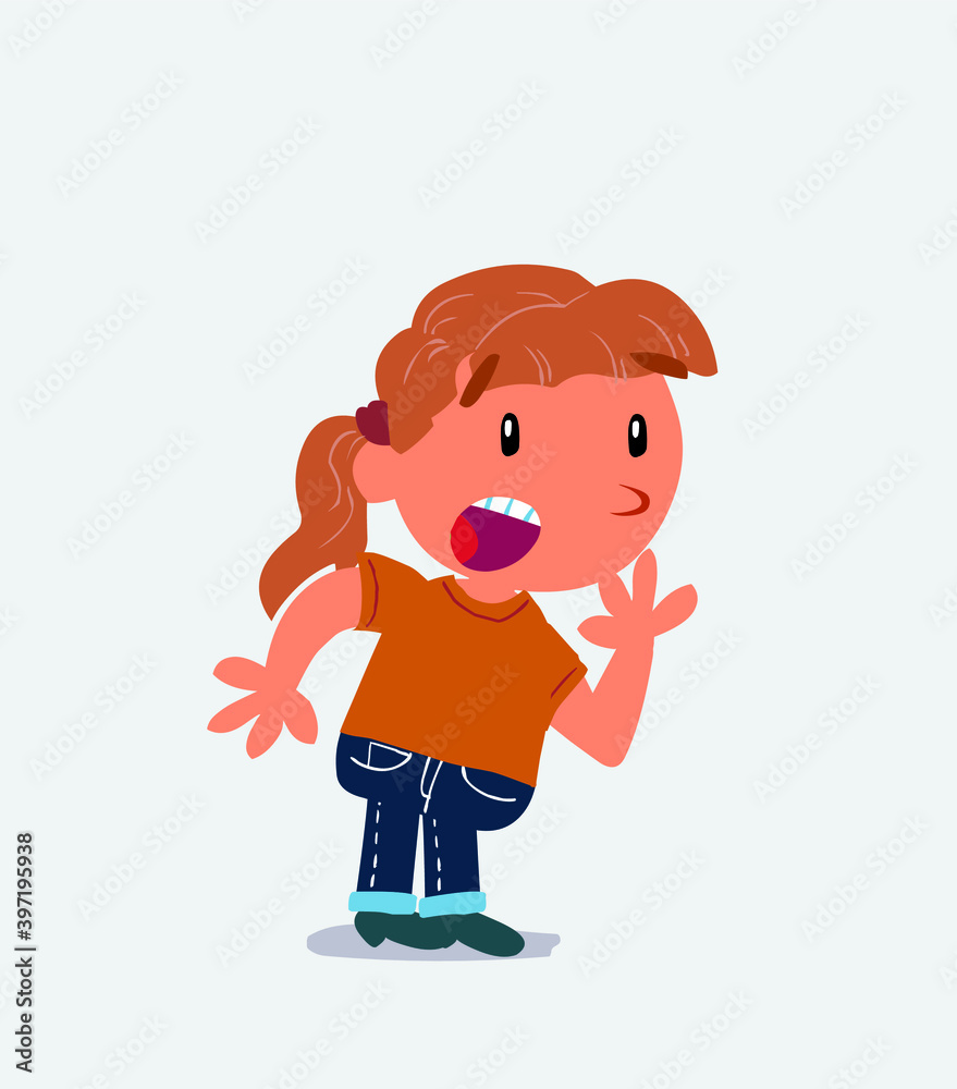 Unpleasantly surprised cartoon character of little girl on jeans looks to the side Unpleasantly surprised cartoon character of little girl on jeans looks to the side