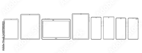 Modern Tablet Computers and Smartphones Wireframe Outline Icons Isolated on White Background. Vector Illustration