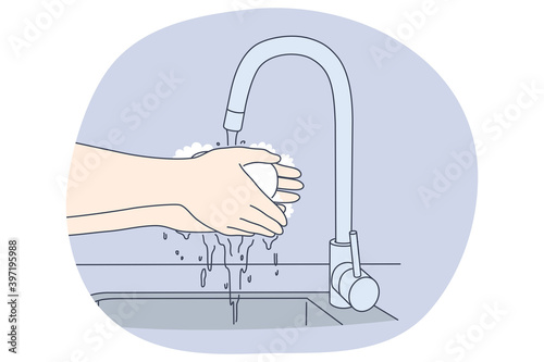 Washing hands, personal hygiene and protection from virus concept. Person washing hands properly with soap and hot water for protective care at home or in public place. Disinfection, protective care