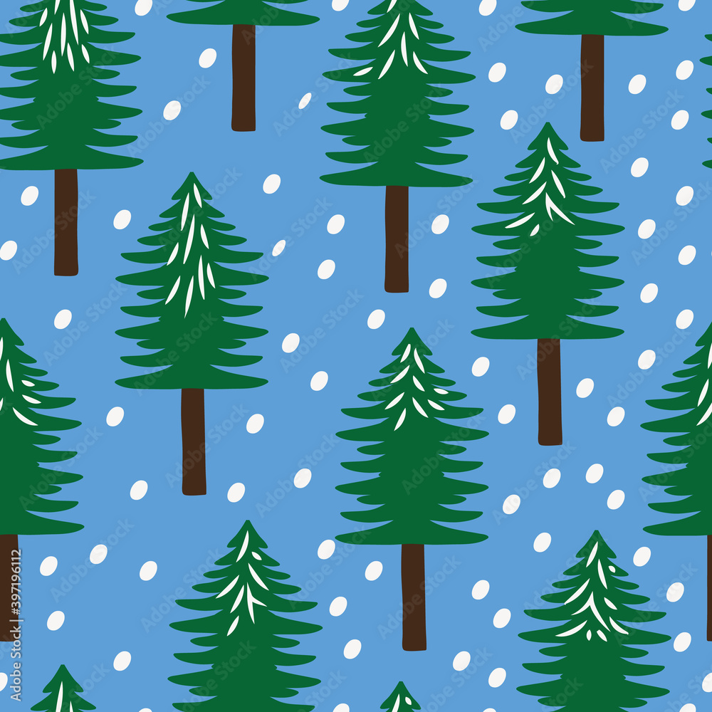 Blue with whimsical green Christmas trees and snow seamless pattern background design.
