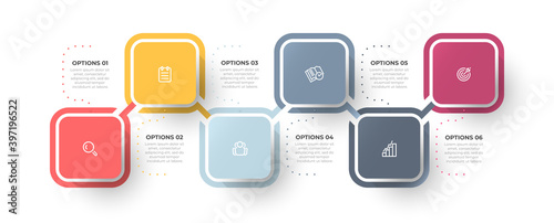 Business infographic template with 6 options or steps. Timeline processes design with marketing icons.