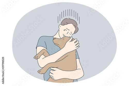Adoption dogs from shelter, volunteering and helping pets concept. Young boy cartoon character holding brown adopted puppy on hands, hugging and embracing vector illustration 