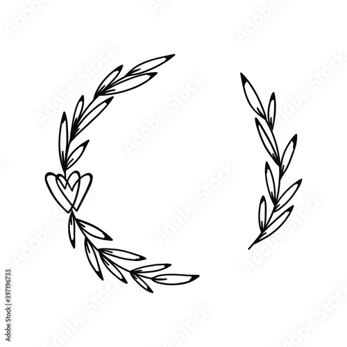 Fototapeta Naklejka Na Ścianę i Meble -  Hand drawn laurel wreath with hearts vector illustration isolated on white background.