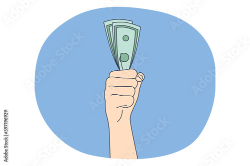 Money savings, profit, earning concept. Hands of person holding heap of currency cash money in fist. Finance, payment, credit, financial stability investing vector illustration