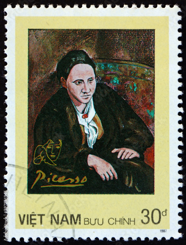 Postage stamp Vietnam 1987 portrait of Gertrude Stein, by Picass