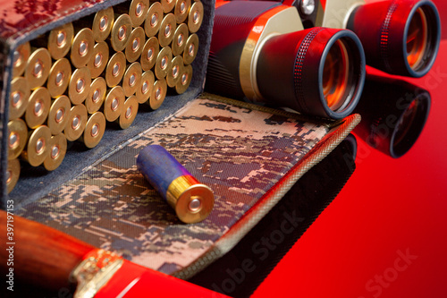 Shotgun cartridges in a cartridge bag in red light close up photo